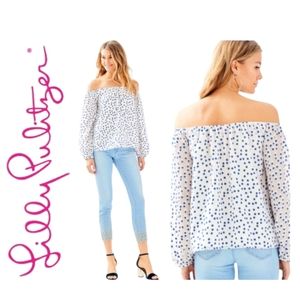 Lilly Pulitzer Lou Lou Off The Shoulder Blouse in Bennet Blue Polka Dot Sz S